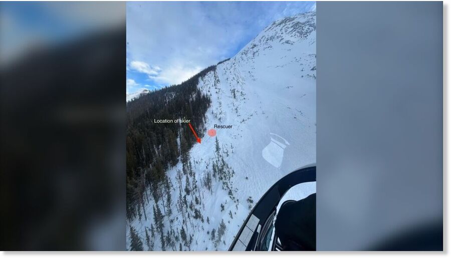 View of the avalanche from a rescue helicopter indicating the location of where the victim was found.