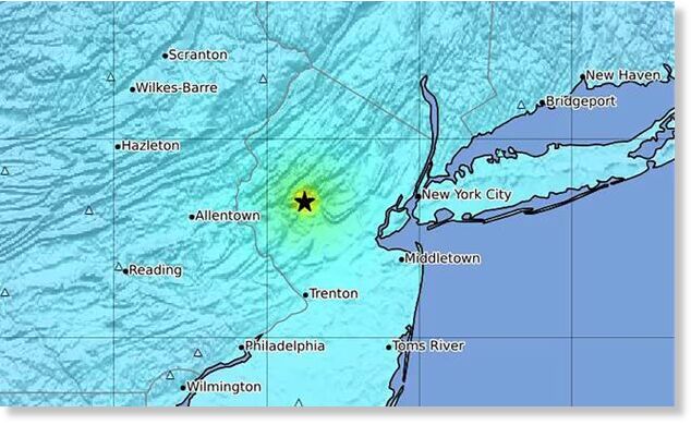 This image provided by US Geological Survey shows the epicenter of an earthquake on the east coast of the US on Friday.