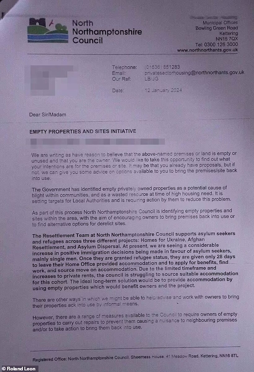 council letter britain sell house migrants