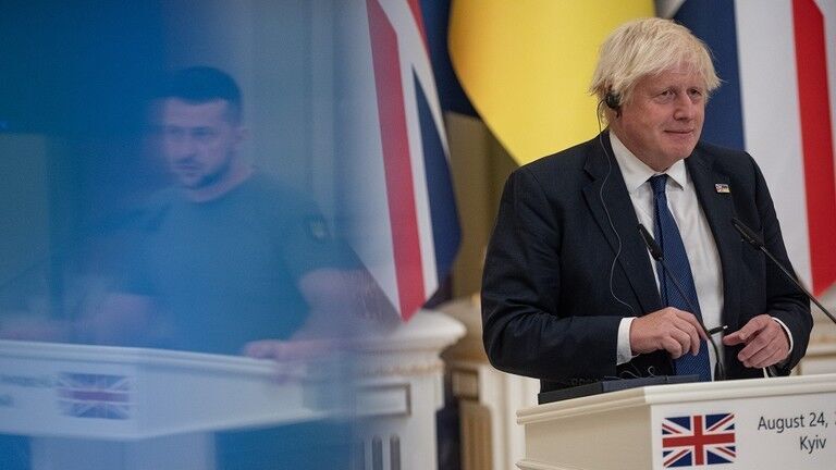 British Prime Minister Boris Johnson during a joint press conference with Ukrainian President Vladimir Zelensky in August 2022
