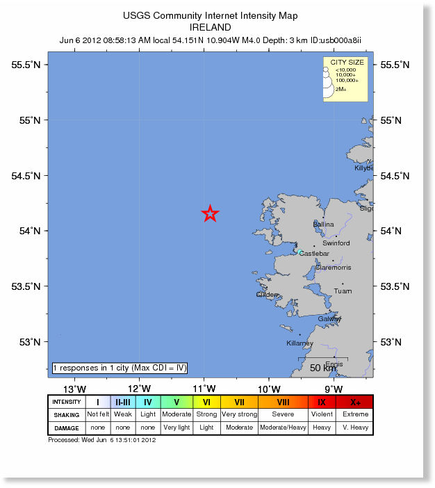 USGS Earthquake Magnitude 4.0 NW of Clifden, Ireland Earth
