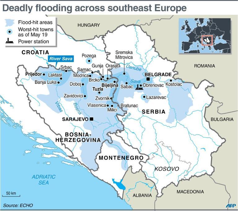 Map of flooding in the Balkans