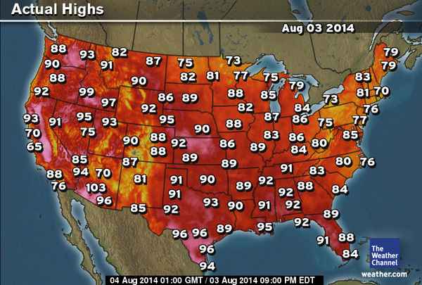 US temperature map aug 3 2014
