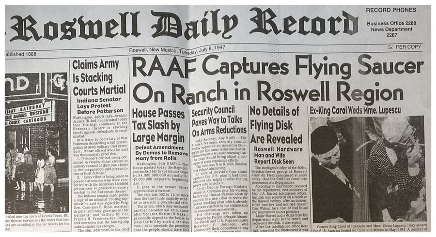 Front page of the Roswell Daily Record for July 8, 1947