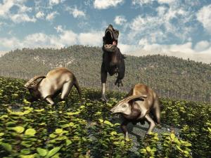 Tyrannosaurus Rex, chasing two Parasaurolophuses