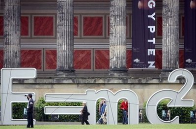 giant sculpture featuring Albert Einstein's formula 