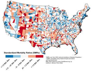 Map County-level hazard induced mortality, 1970 to 2004.