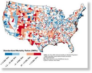 Map County-level hazard induced mortality, 1970 to 2004.