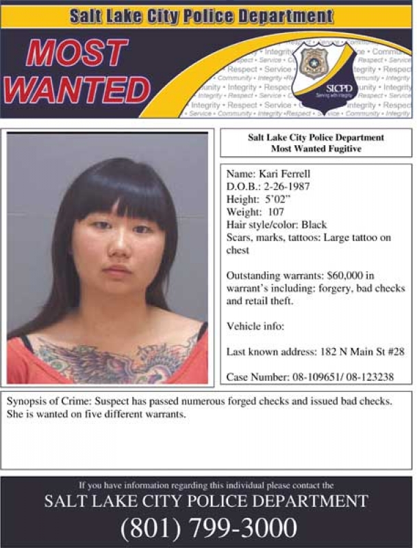 Kari Ferrell's Salt Lake City Police Department wanted poster. 
