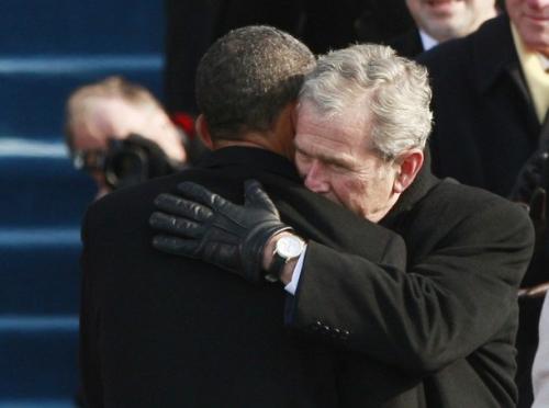Bush Obama hug