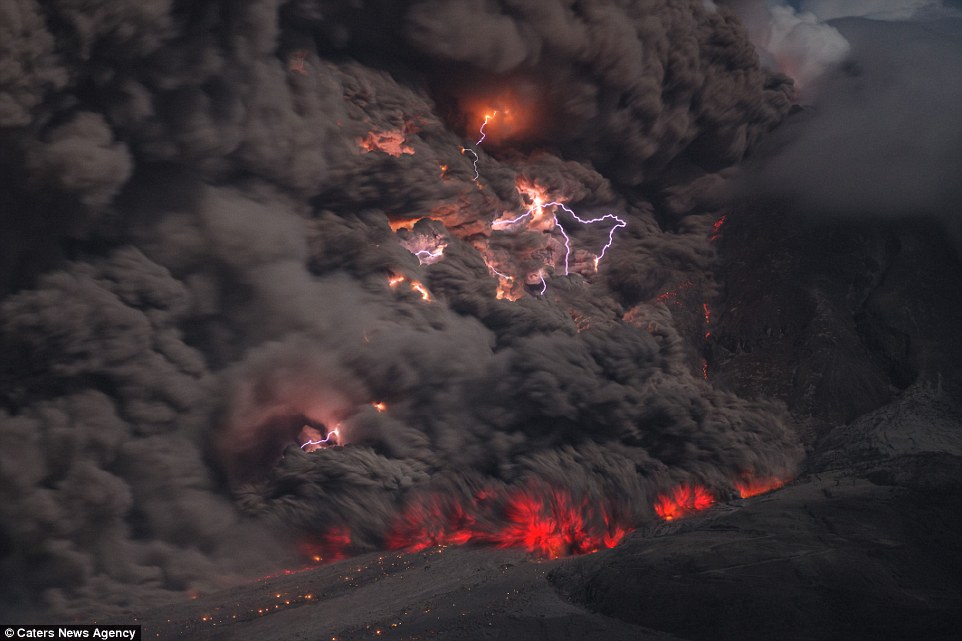 lightning storm inside Sinabung volcano