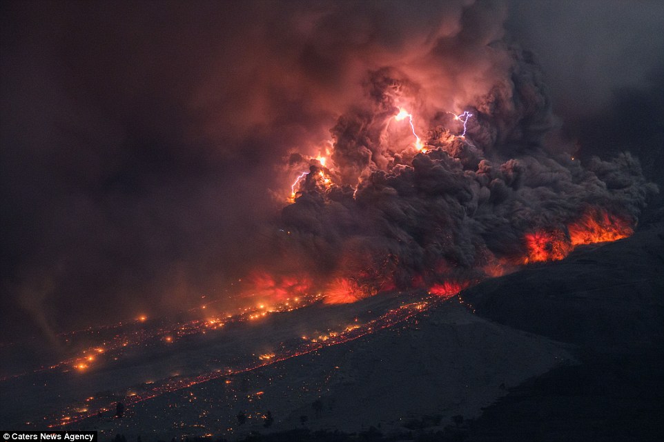 lightning storm at the Sinabung volcano