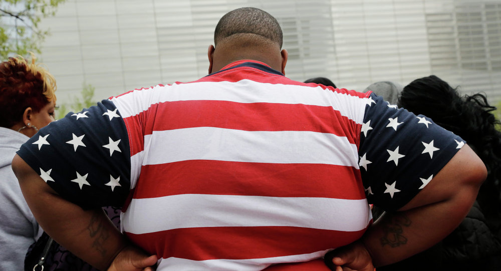obese man with American flag shirt