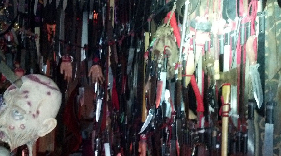 Click to enlarge Some of Nickcole Dykema’s vast collection of bladed weapons
