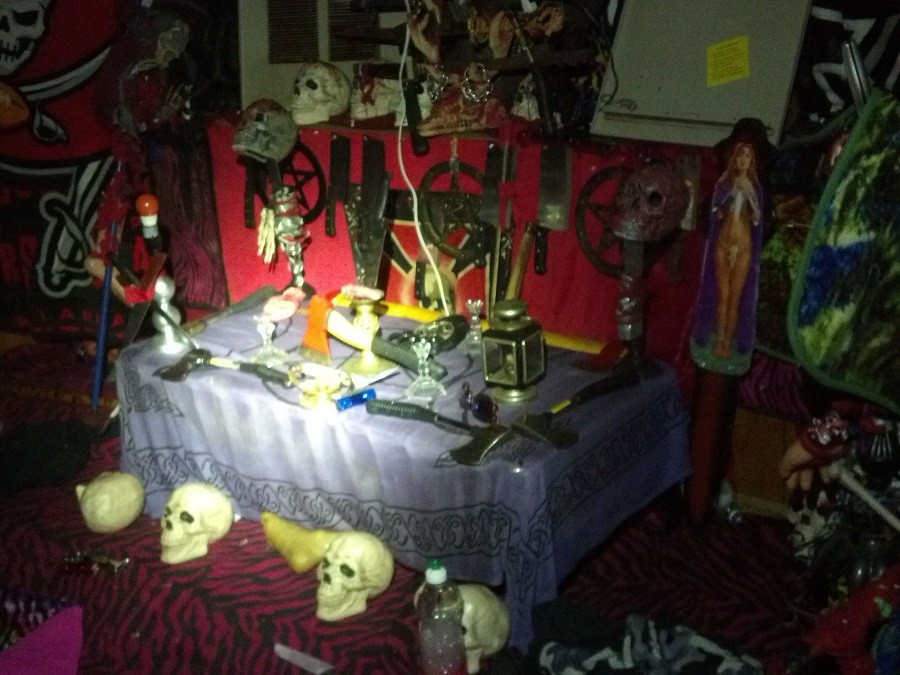 Click to enlarge Some of Nickcole Dykema’s vast collection of bladed weapons