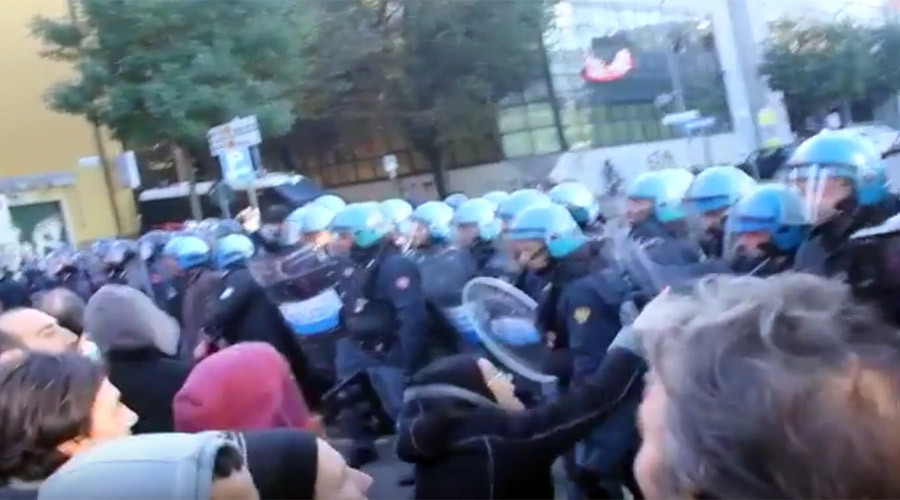 riot cops clash with protesters in bologna