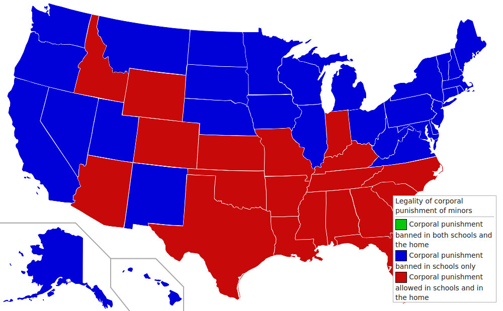 map us states with corporal punishment of children