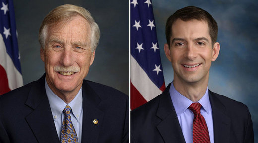 Angus Stanley King, an American politician and the junior United States Senator from the state of Maine (left). Tom Cotton, an American politician, the junior United States Senator from Arkansas, a member of the Republican Party (right)