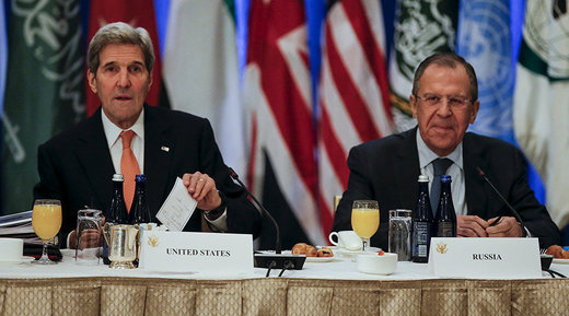  U.S. Secretary of State John Kerry and Foreign Minister of Russia Sergey Lavrov at a meeting regarding Syria at the Palace Hotel in the Manhattan borough of New York December 18, 2015
