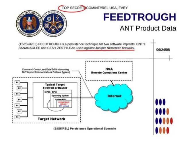 Click to enlarge FEEDTROUGH tech ... One of the slides leaked from the NSA boasting the ability to hijack Juniper gear