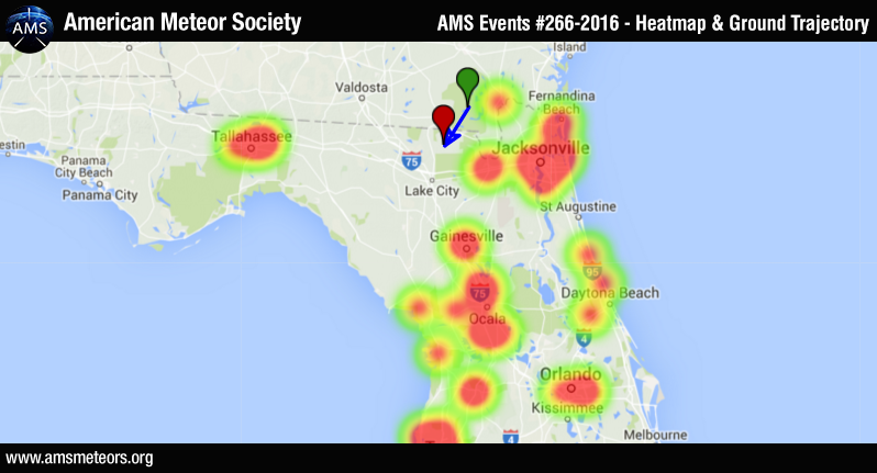 AMS Event #266-2016 – Heat map of the witnesses and estimated ground trajectory