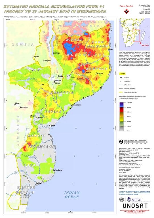 Estimated total rainfall accumulation for Mozambique 01 to 31 January 2016. Parts of southern Tanzania can also be seen. 