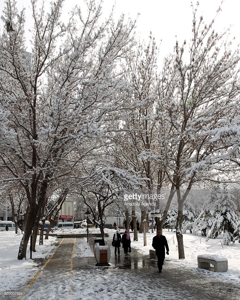 Snow covered park is seen after heavy snowfall as weather freezes, in Kayseri, Turkey on February 8, 2016.