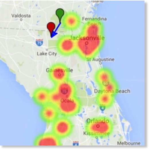  A portion of a ‘heat map’ – showing location of witnesses or observers, and ground trajectory – of January 24, 2016, daylight meteor via the American Meteor Society.