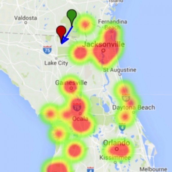  A portion of a ‘heat map’ – showing location of witnesses or observers, and ground trajectory – of January 24, 2016, daylight meteor via the American Meteor Society.