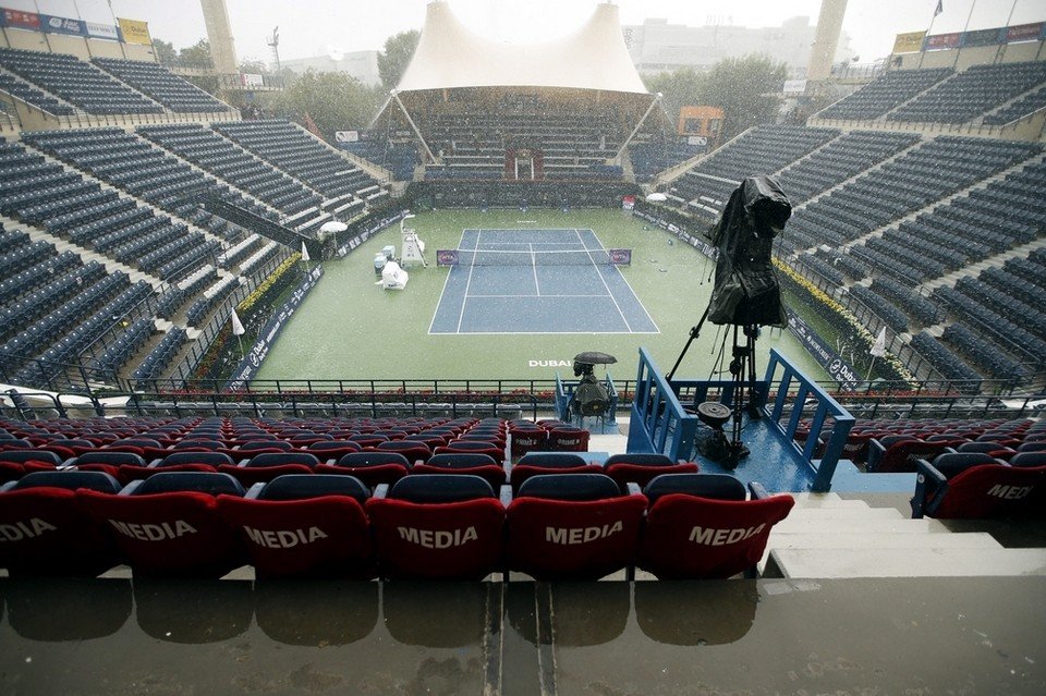 A general view of the empty Centre Court during the Dubai Duty Free Tennis WTA Championships in Dubai. 