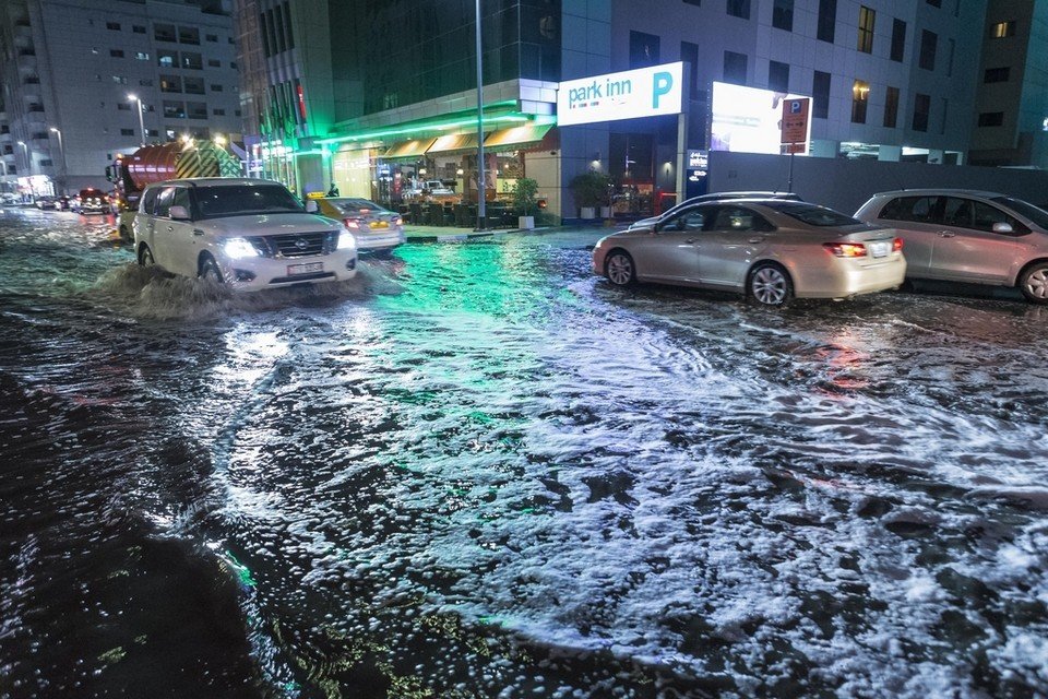 A flooded street in Al Barsha near Mall Of The Emirates in Dubai. 