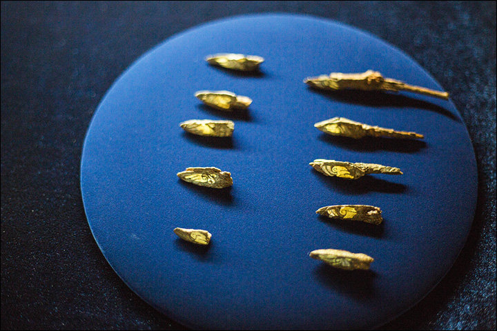 iron dagger and iron arrowheads with golden encrustation. 