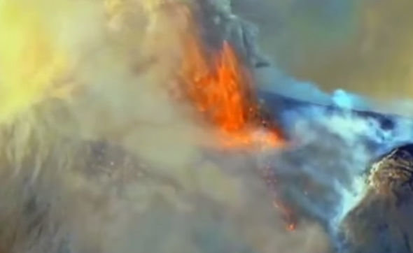 A violent lava eruption of Momotombo seen from above