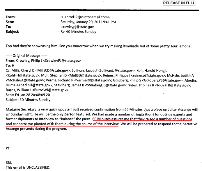 Click to enlarge hillary clinton 60 minutes assange interview email
