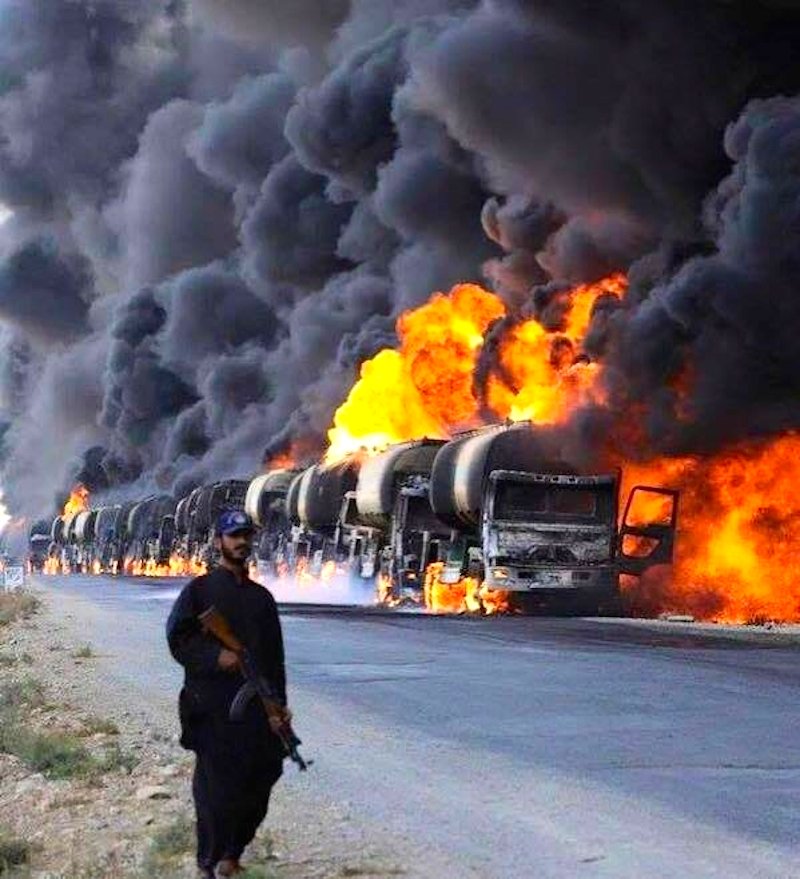 tankers in flames