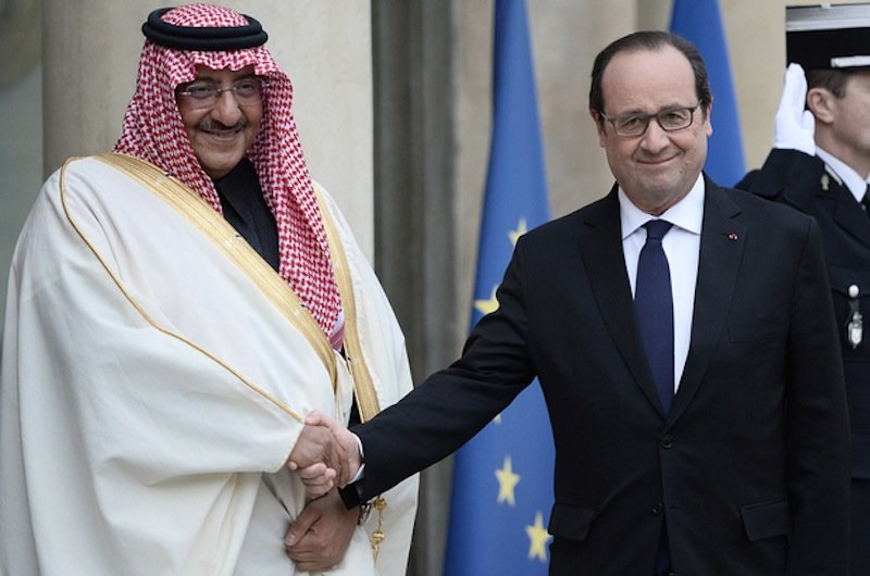 Francois Hollande greets Mohammed bin Nayef in Paris on Friday 