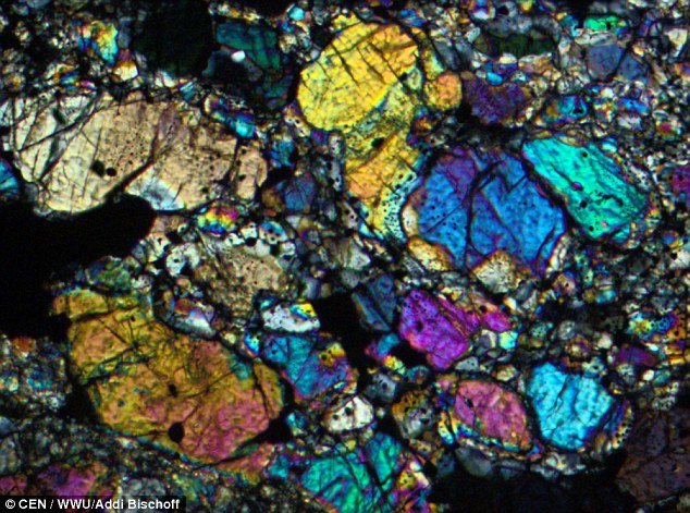 Experts from Munster said they are 'delighted' to recover several fragments identified as being of the 'LL Chondritenklasse' (LL chondrite) class of meteorite - mostly stone with very little metal inside. This image shows how the meteorite looks under the