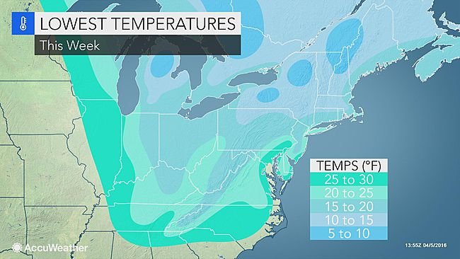 low temperatures east USA April 2016