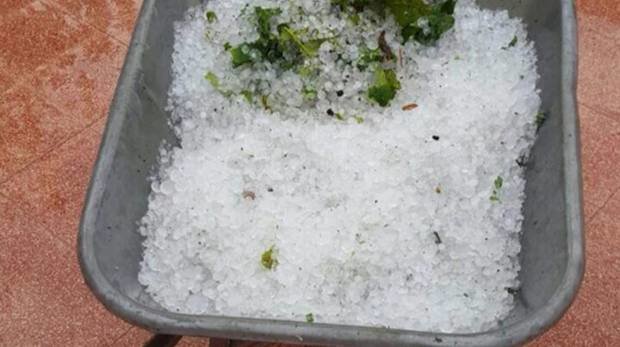 A wheelbarrow filled with pebble-sized ice that pelted parts of Oman during a hailstorm Friday.