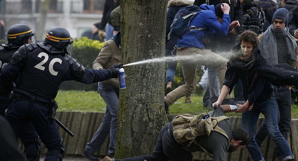 riot cop pepper sprays protester paris france