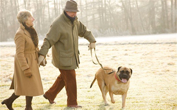 Old people walking dog