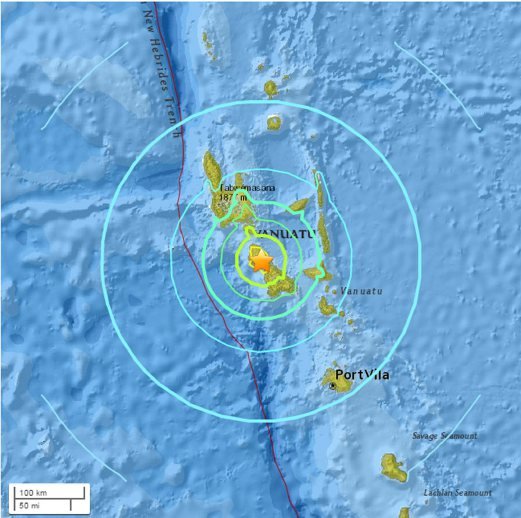 An image provided by the United States Geological Survey (USGS) shows a map of the location and epicentre of the 7.0 magnitude earthquake registered in Vanuatu on 29 April 2016. A tsunami warning for the region has been issued, but so far no damage report