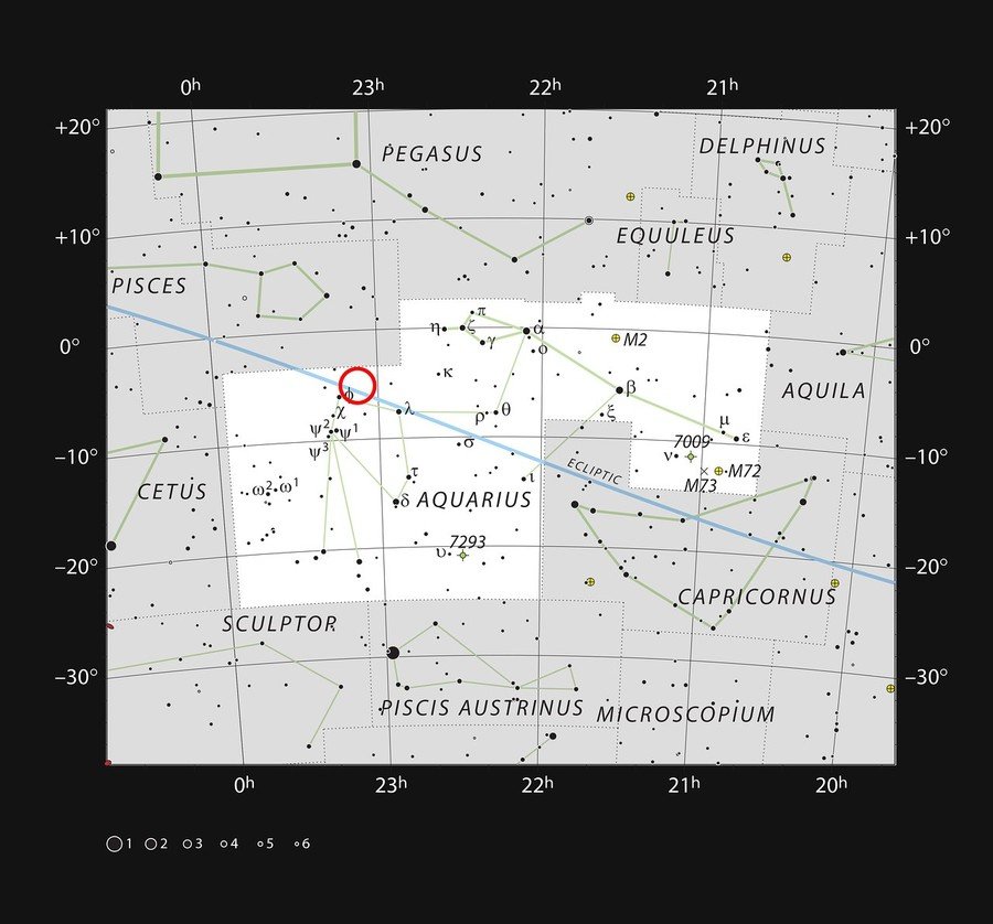 Click to enlarge The ultracool dwarf star TRAPPIST-1 in the constellation of Aquarius