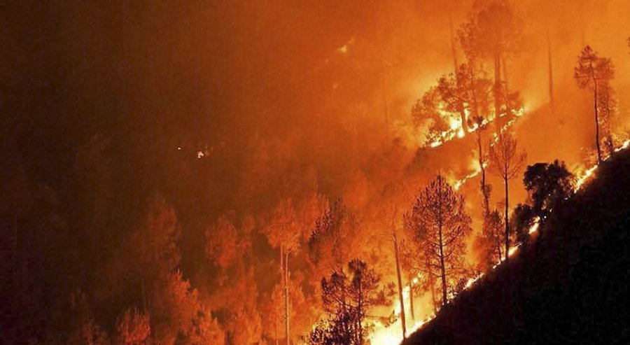 A major fire in the forests at Ahirikot in Srinagar, Uttarakhand state, India, Monday, May 2, 2016. Massive wildfires that have killed at least seven people in recent weeks were burning through pine forests in the mountains of northern India on Monday, in