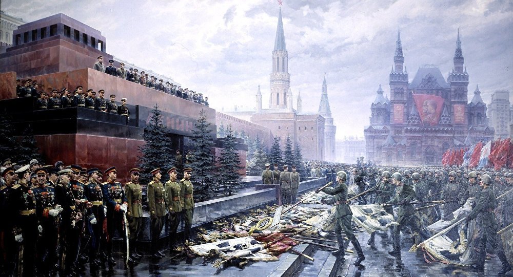 Socialist realist painting of the ceremony throwing Nazi German banners before the Soviet leadership on Red Square