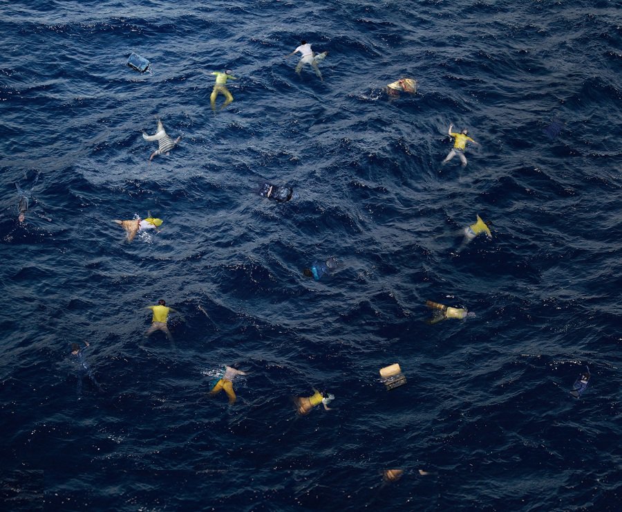 Picture of EU flag as drowning refugees