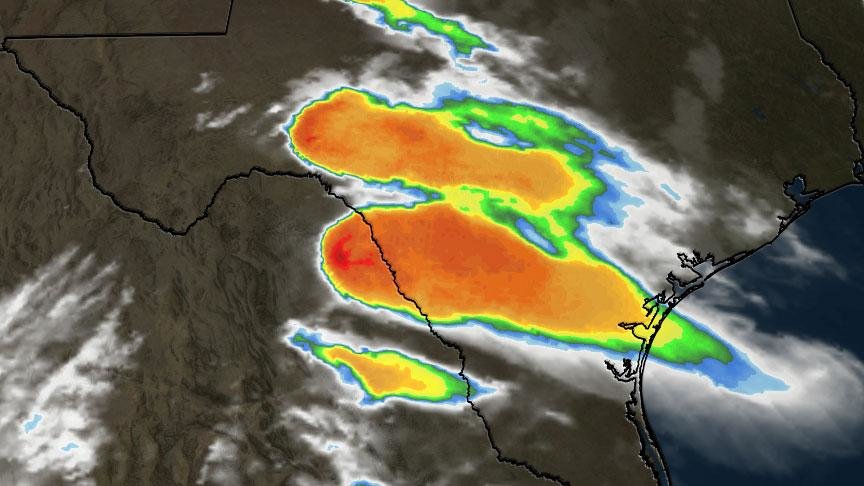 Enhanced satellite imagery of supercell thunderstorms in Mexico on Monday evening.