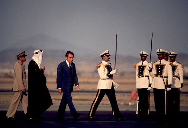 President Nixon walks with Saudi King Faisal in Saudi Arabia in June 1974