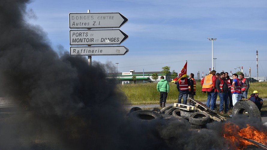 Striking workers at Total oil refinery in Donges, France