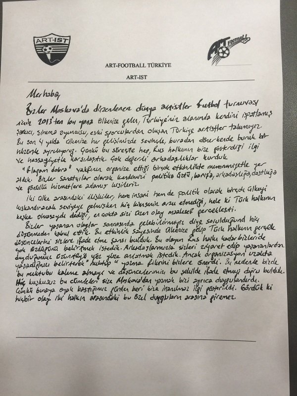 Letter written by Turkish Art-Football team to relatives of the slain Russian pilot